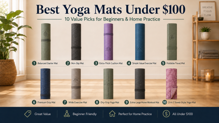 Best 10 yoga mats under $100 arranged on a home workout floor