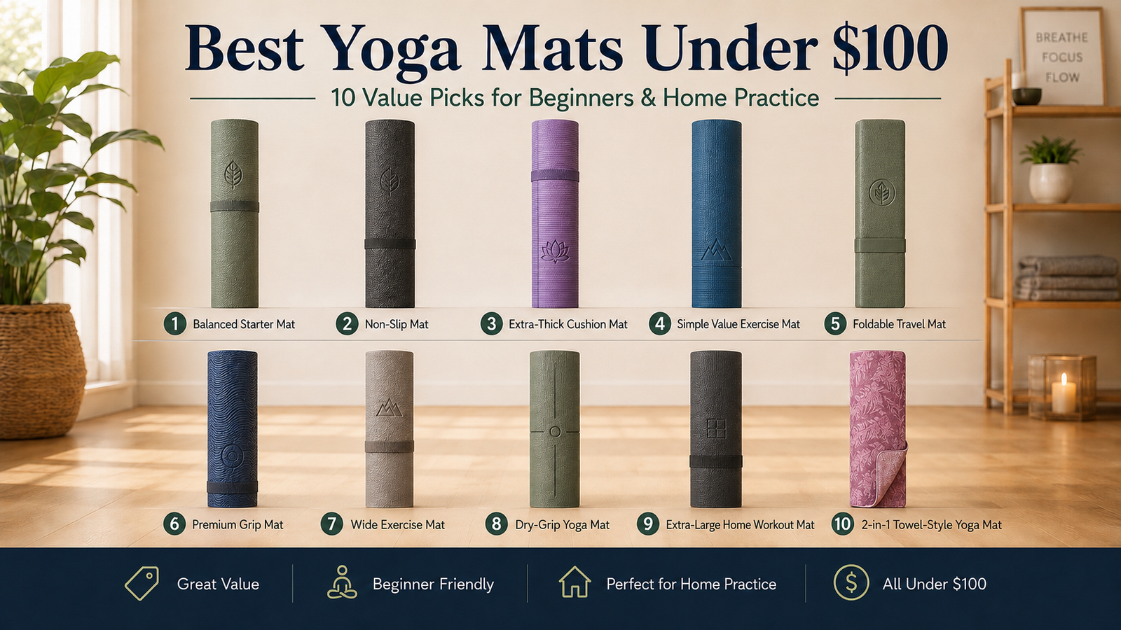 Best 10 yoga mats under $100 arranged on a home workout floor